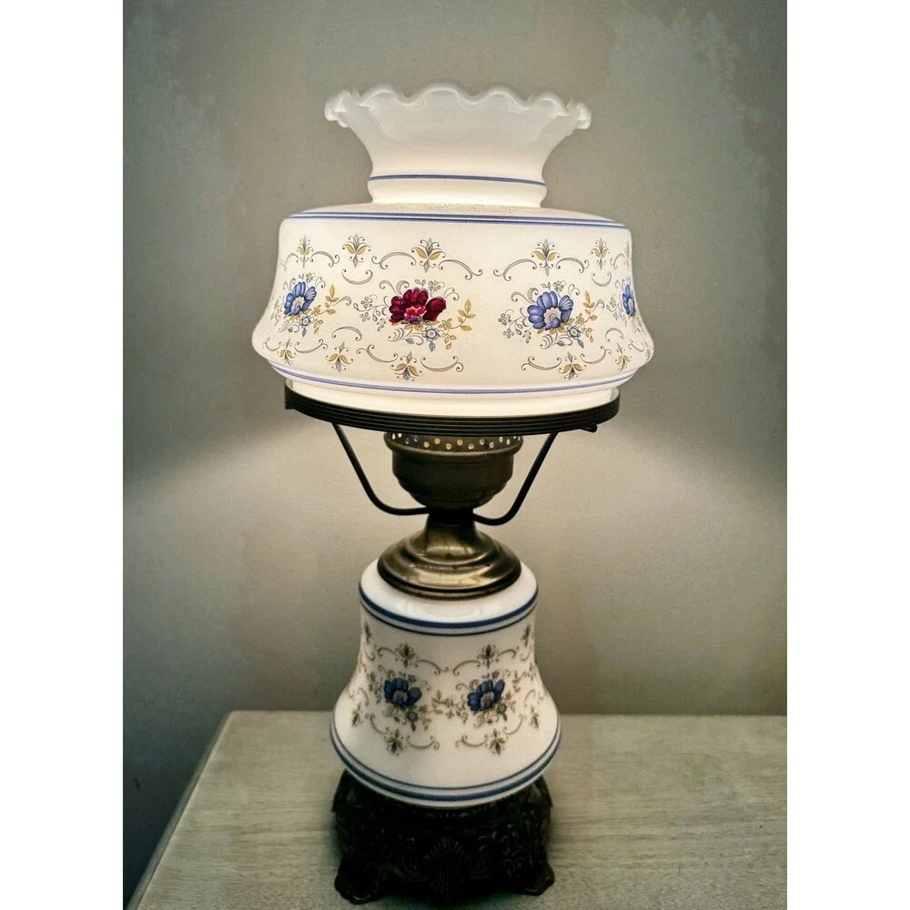 Vintage Quoizel Model 1960 Gone with the Wind Lamp Blue Floral Milk Glass Parlor